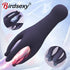 Purple silicone vibrating massage tool with textured tips and power button shown on a light background.