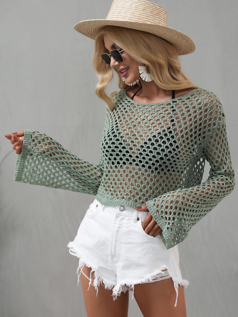 Openwork Flare Sleeve Cropped Cover Up - MiamiTeenyWeenyBikini.Com