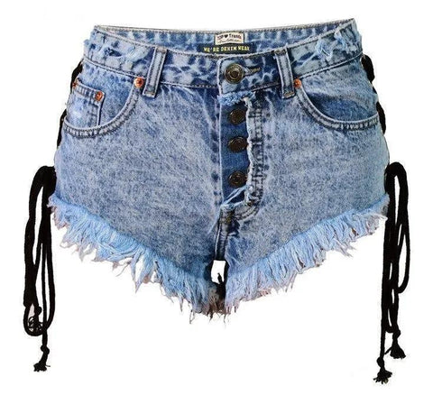 Vintage Snowflake Inelastic Denim Shorts With High Waist Straps Tassel. - Shorts