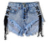 Vintage Snowflake Inelastic Denim Shorts With High Waist Straps Tassel. - Shorts