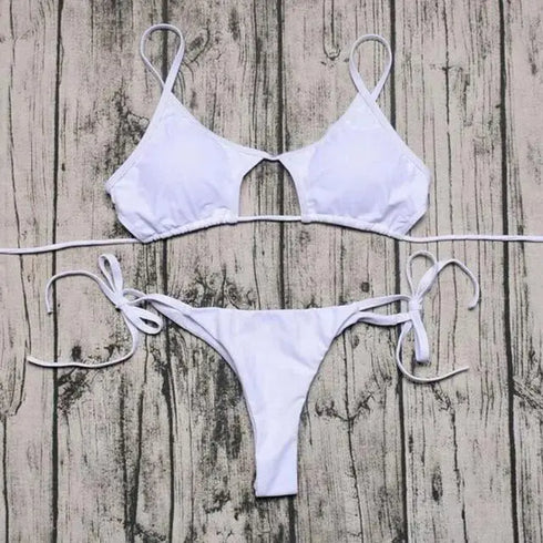 Solid Hollow Out Bandage Brazilian Bikini - Bikini