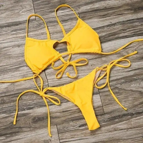 Solid Hollow Out Bandage Brazilian Bikini - Bikini