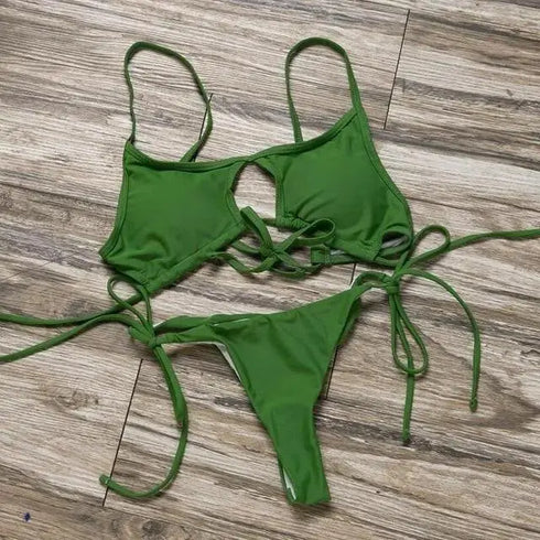 Solid Hollow Out Bandage Brazilian Bikini - Bikini