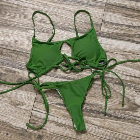 Solid Hollow Out Bandage Brazilian Bikini - Bikini