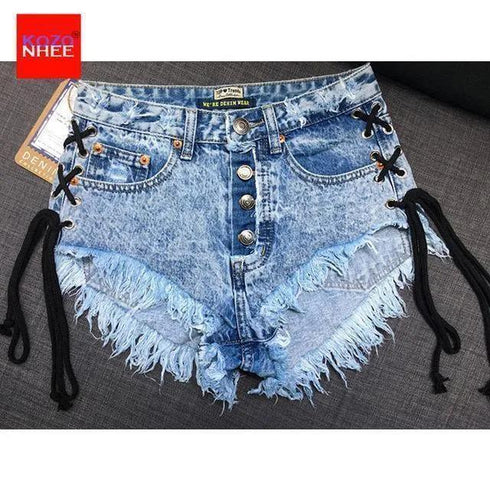 Vintage Snowflake Inelastic Denim Shorts With High Waist Straps Tassel. - Shorts