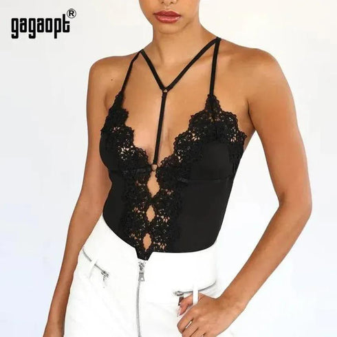 Lace Embroidery Bandage Bodysuit - Lingerie