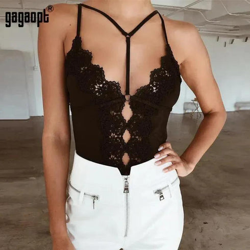 Lace Embroidery Bandage Bodysuit - Lingerie